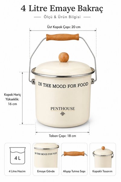 Penthouse 4 Liter Enamel Pot with Lid and Wooden Handle Cream 18 cm