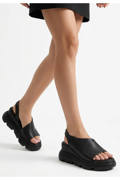 ALFA AKSESUAR 03 Todo Black Leather Wedge Heel Sandals
