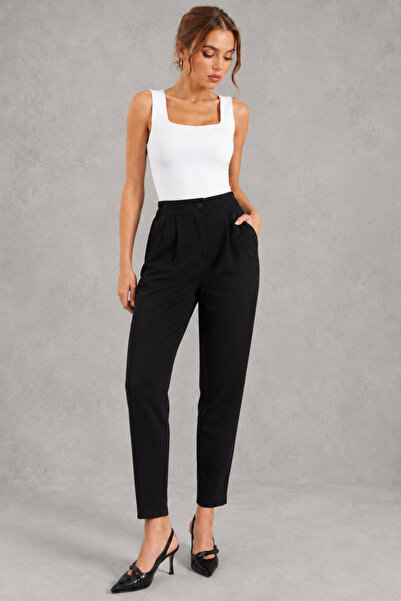 Abruzzo Black Skinny Leg Women's Trousers Pleated High Waist Buttoned Zippered Seasonal Fabric