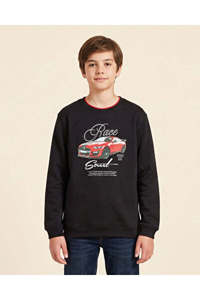 REDTAG Senior Boys Black Sports Car Sweatshirt