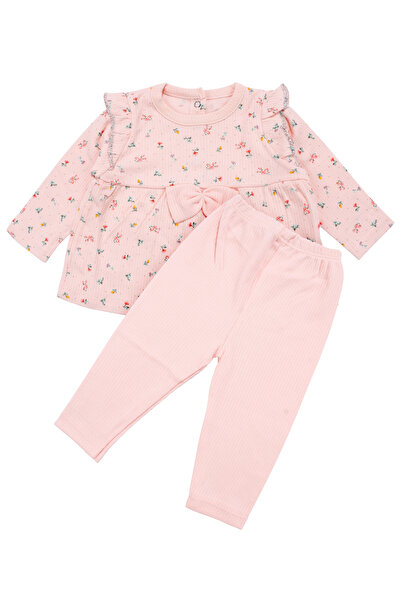 bebegen Baby Girl Salmon Color Tiny Floral Patterned Ruffle Pajama Set