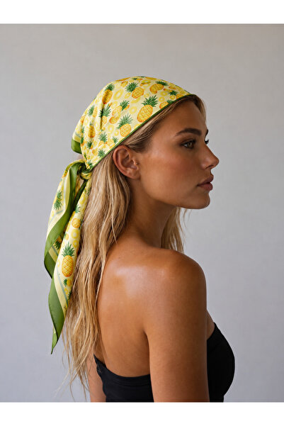 mih avm Kadın Mini Ananas Desenli Saten Fular Bandana 56x56 cm - Fıstık Yeşil