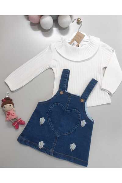Sönmez Baby BÜYÜK KALP ÇAÇA BLUZLU JEANS KOT JİLE ELBİSE İKİLİ KIZ BEBE TAKIM
