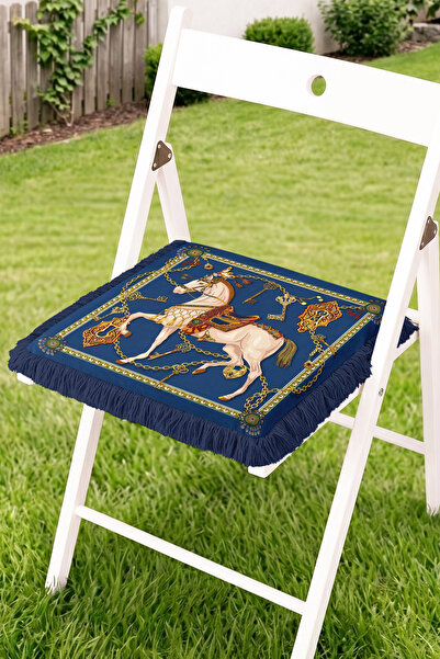 Realhomes Chain and Key Motif Horse Figured Fringed Zippered Chair Cushion - ...