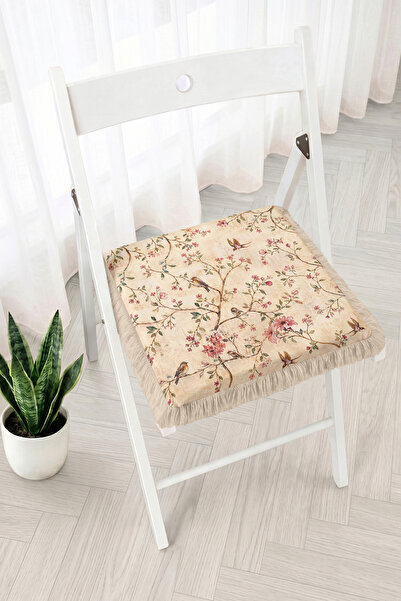 Realhomes Fringed Zippered Chair Cushion with Blooming Branch and Bird Figure...