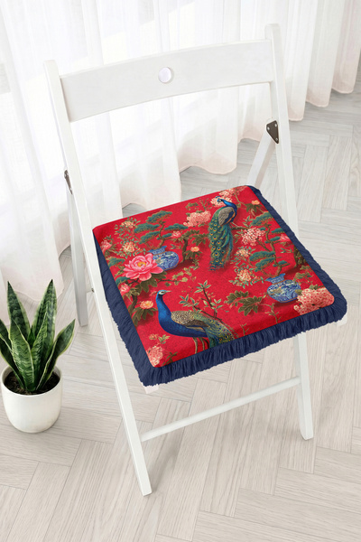 Realhomes Peacock and Floral Pattern Fringed Zippered Chair Cushion - Vintage...