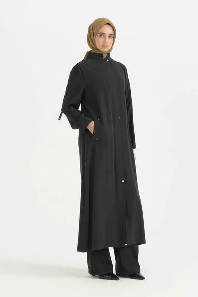 Nihan Plus Size Modal Robe with Sleeve Detail - Black