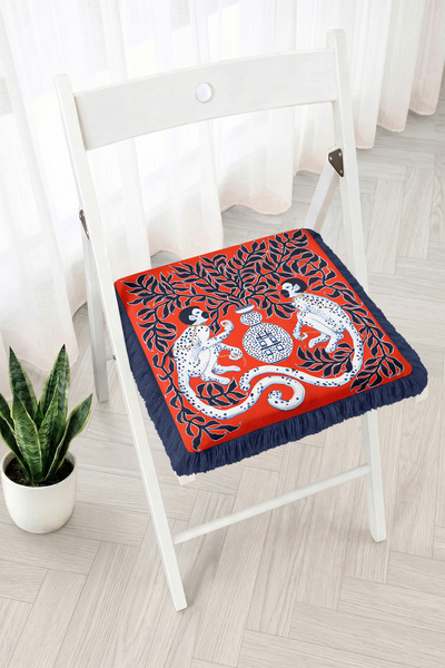 Realhomes Monkey Figured Tree and Vase Motif Fringed Zippered Chair Cushion -...