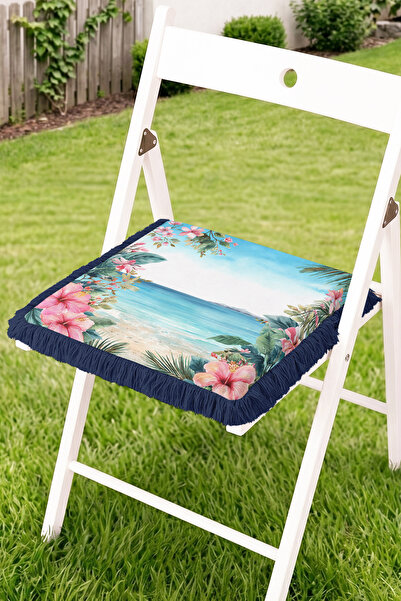 Realhomes Fringed Zippered Chair Cushion with Tropical Sea View and Hibiscus ...