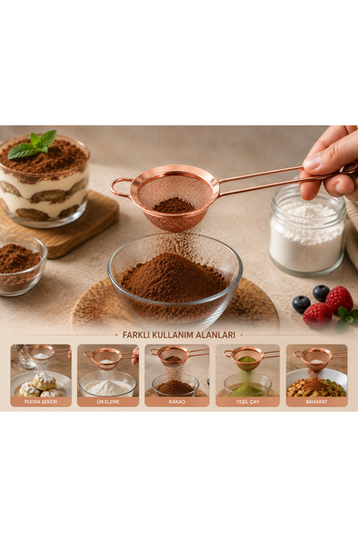 YDGR Rose Gold Paslanmaz Çelik İnce Gözenekli Mini Süzgeç – Çay, Pudra Şekeri, Un ve Kakao Süzme Aparatı