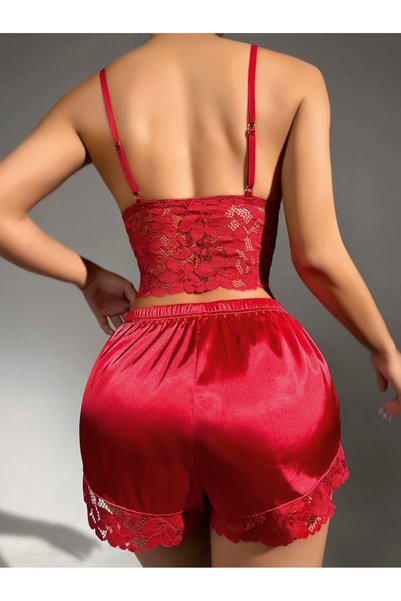 mr owl Women's Red Lace Detailed Thin Strap Satin Shorts Set