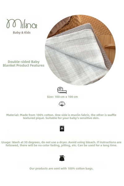 MİLNA BABY&KİDS 100% Cotton Double-Sided Baby Blanket 100X100 cm Soft Cotton Baby Blanket with Gift Pouch
