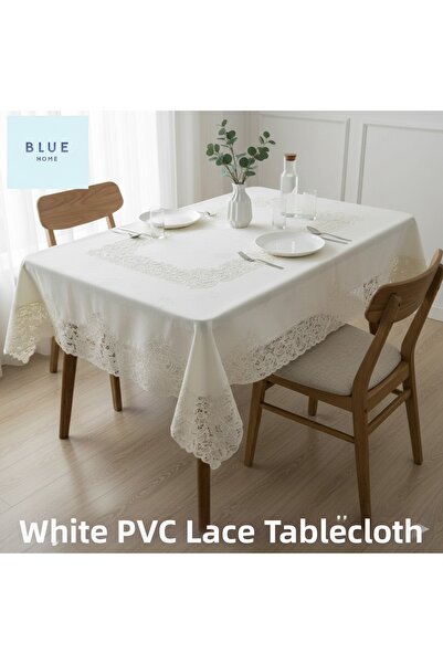 Blue Home Lace-Look Non-Slip Liquid-Proof Hole-Free Kitchen Tablecloth with Floral Motif 120 X152 White