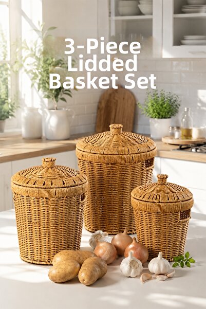 Porsima Pbt-439 3L Wicker Basket with Lid Bamboo Basket Set Decorative Bathro...