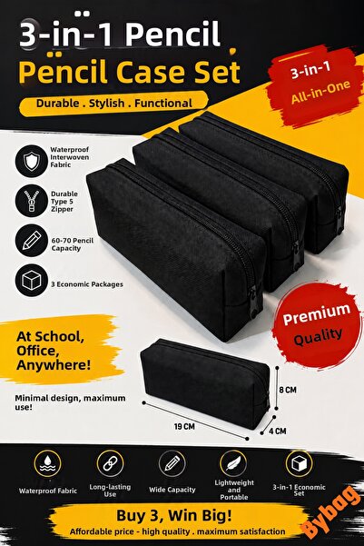 BYBAG 3-Piece Waterproof Imperteks Fabric Pen Holder Set Black Large Capacity...