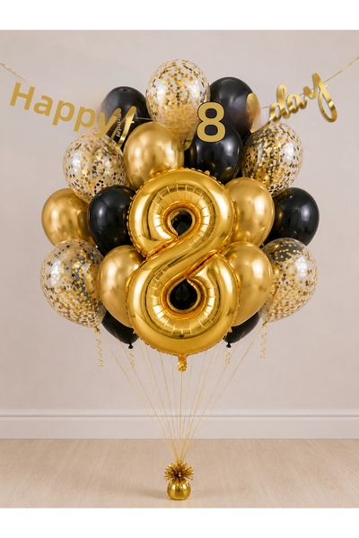 Balonsan -8- Age Gold Happy Birthday Banner Themed Balloon Bundle 15 Pieces