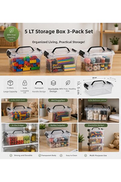 LOREMPBOX 5 Liter Lockable Transparent Storage Box with Handle, Set of 3 – St...