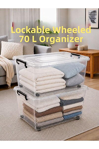 LOREMPBOX Set of 2 70 Lt Lockable Wheeled Storage Box Transparent Organizer B...