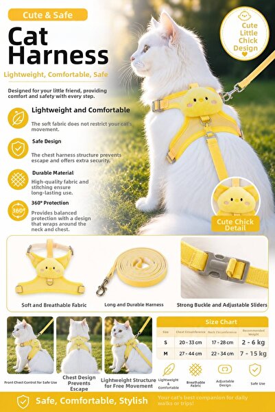 Floria Cat Chest Harness and Leash Set - Adjustable, Anti-Escape, 120cm Strap