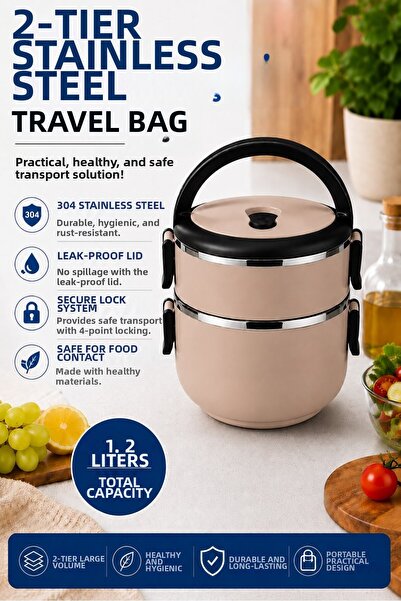 Sas Haus 2-Tier 1.2 Liter Stainless Steel Lunch Box with Leak-Proof Lid Food ...