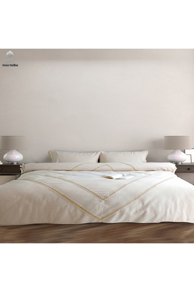 DNC home tekstil طقم غطاء لحاف كبير الحجم من الكتان الطبيعي والدانتيل (240x260)