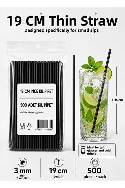 ardin Thin Straw 3 mm 19 cm Black Cocktail Straw - 500 Pieces