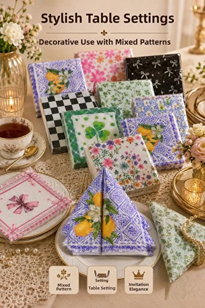 Berdina Home 2 Pack Patterned Decorative Paper Napkins Mixed Floral Vintage T...
