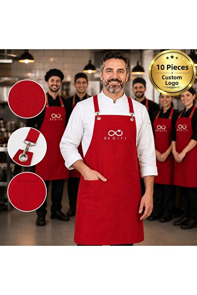 Bk Gift 10 Red Professional Kitchen Aprons with Your Logo - Cotton Fabric Che...