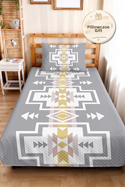 Evimde Bambaşka Gray Geometric Bohemian Young Room Single Pique Set - Mustard...