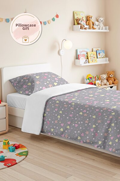 Evimde Bambaşka Gray Heart and Bird Girl's Pique Set - Pastel Floral Pink Bab...
