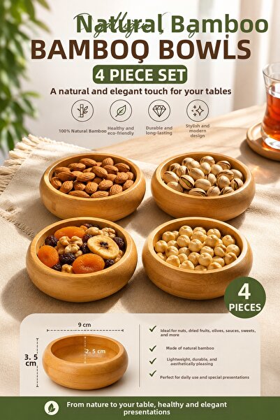 MAKRİ HOME Set of 4 Bamboo Snack Bowls – Natural and Stylish Serving Bowls (9...