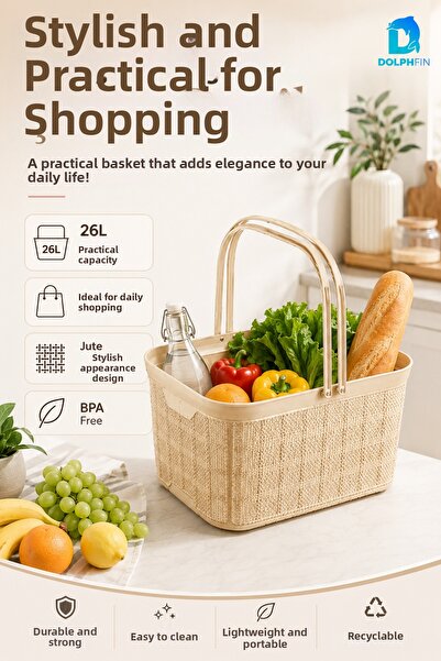 DolphFin Jute Shopping Basket 26 L Multi-Purpose Storage Carry Basket Laundry...