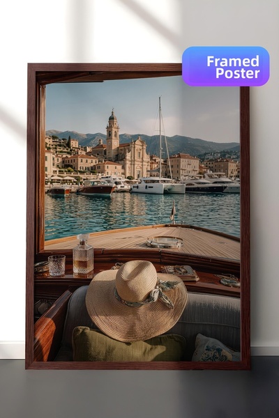 Postifull Boat and Cityscape Poster, Brown Framed Poster, Old Money Series, N...