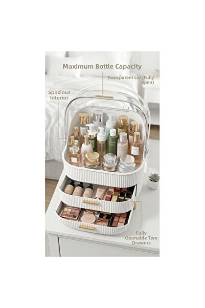 Empressco Transparent Domed 3-Tier Makeup Organizer with Drawer and Cream Col...