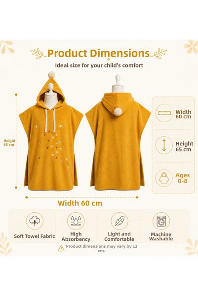 Asva Home Children's Pool Poncho with Hood, Medium Thick Terry Fabric, 0-5 Years Old, Soft Textured, Sleeveless, Side Snap Fasteners