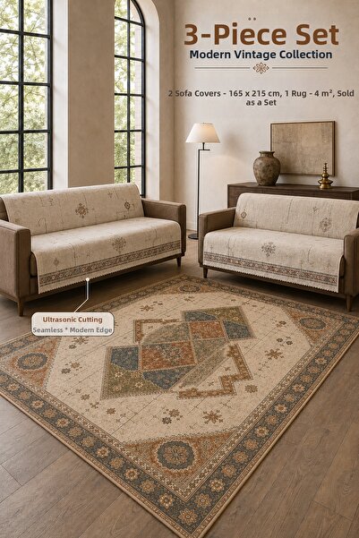 GECE HOME طقم من 3 قطع: 2 غطاء أريكة مقاس 165x215 سم + 1 سجادة مطبوعة رقمياً ...