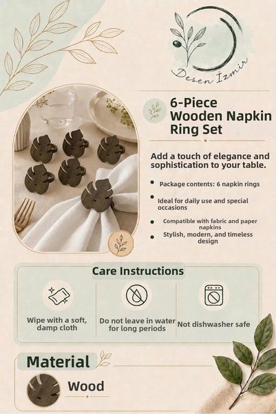 desenizmir Wooden Tropical Leaf Pattern 6-Piece Napkin Rings