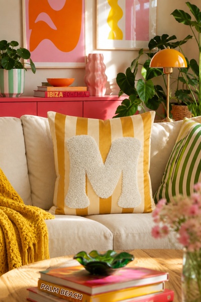 Pilloveland Punch Embroidered Throw Pillow Cover - 43*43 cm - Yellow Letter m...