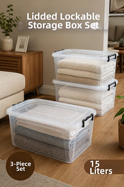 Vienev Set of 3 Lockable Lid Storage Containers 15 Lt Transparent Rectangular...