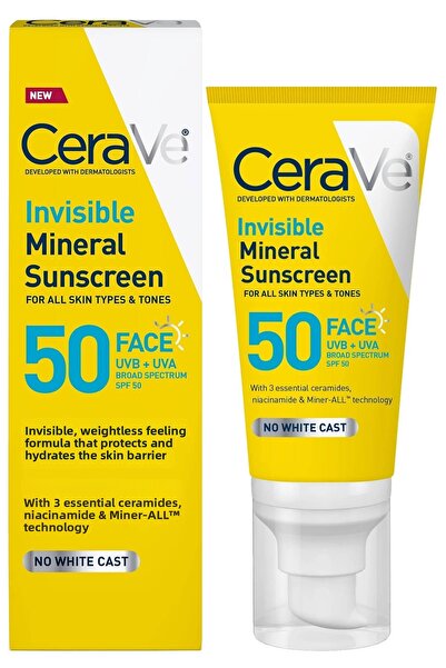 CeraVe كريم الشمس المعدني غير المرئي للوجه بعامل حماية من الشمس SPF50، 48 مل