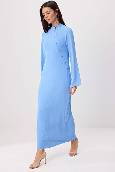 Trendyol Modest Blaues, ungefüttertes, gewebtes Aerobin-Hijab-Kleid mit Knopf...