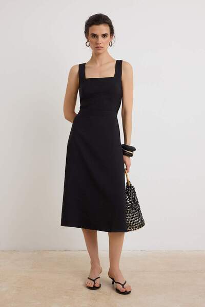 Trendyol Collection Rochie țesută midi, cu bretele groase, neagră, mai susten...