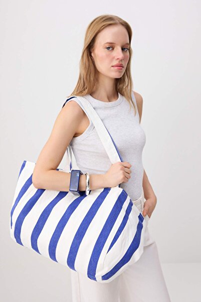 TRENDYOL SHOES Blue and White Striped Women's Maxi Shoulder Bag Takss26Oc00106