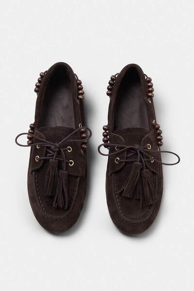 TRENDYOL SHOES Loafer de damă din piele intoarsă autentică maro închis, cu de...