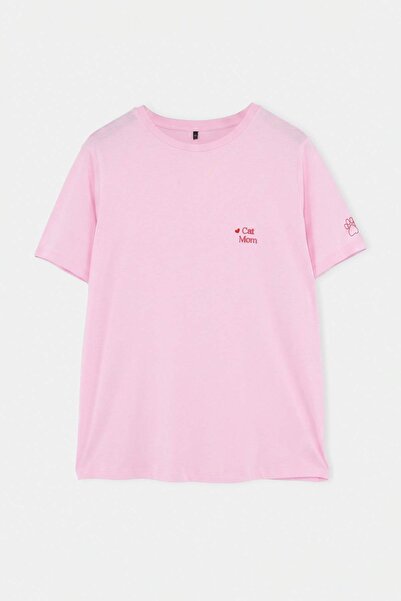 Trendyol Curve Tricou tricotat cu broderie roz deschis, 100% bumbac, mărime m...