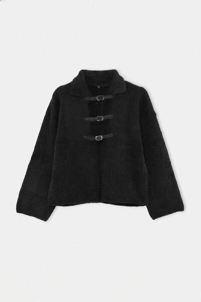 Trendyol Collection Black Soft Textured Coat-Looking Knitwear Cardigan Twoaw2...