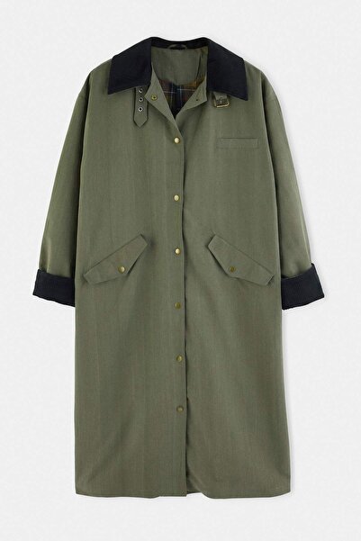 Trendyol Collection Khaki Oversize Velvet Collared Plaid Lined Long Trench Co...