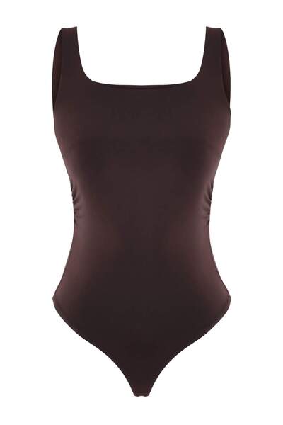 Trendyol Collection Brown Plain Fitted Square Neck Sleeveless Gathered Snap F...
