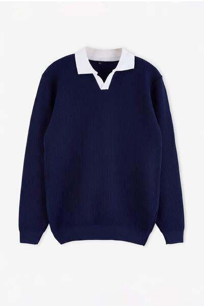 Trendyol Collection Pulover cu guler polo, albastru marin, supradimensionat/c...
