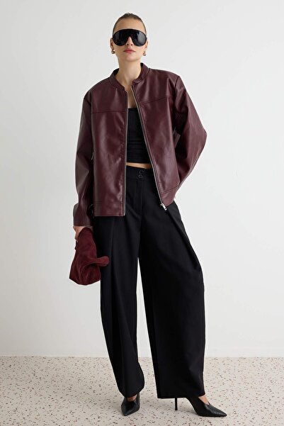 Trendyol Curve Burgundy Regular Fit Faux Leather Bomber Thin Plus Size Jacket...